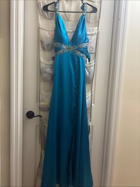 Riva Designs Teal Beaded Prom Gown